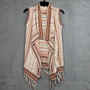 Miss Me Girls Boho Open Knit Fringe Cardigan Sweater Vest Cream Orange‎ Girls L